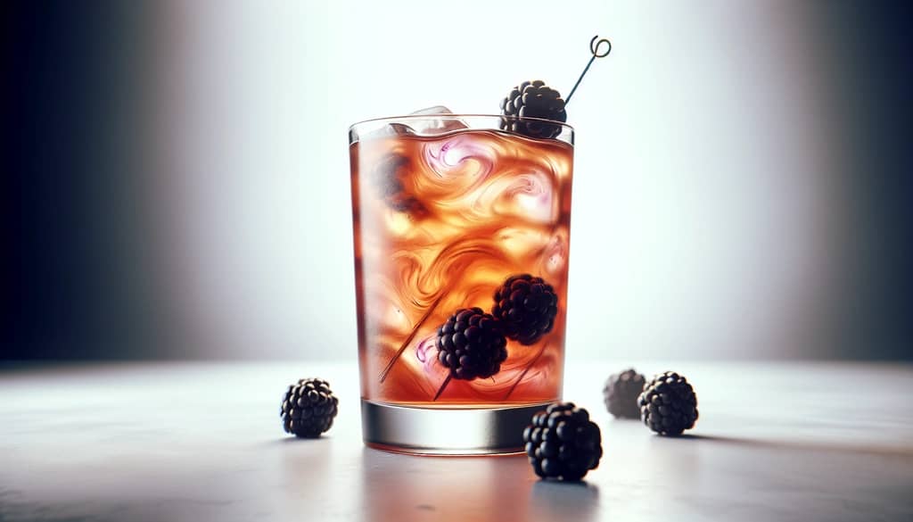 blackberry iced tea in a clear glass with blackberry garnish