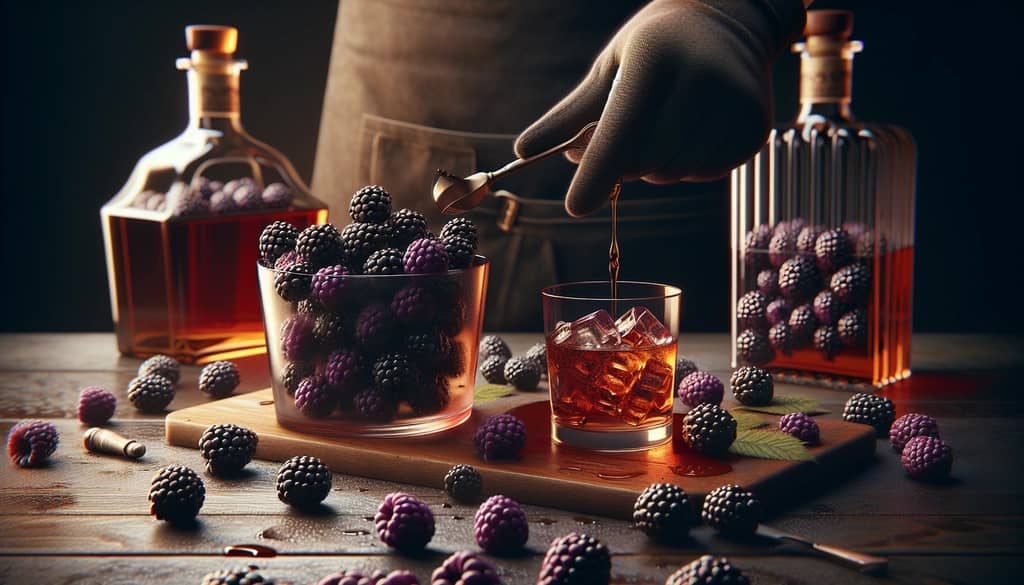 Blackberry-infused bourbon being prepared with fresh blackberries.