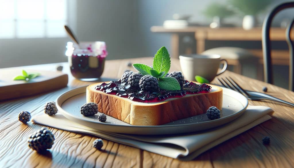 blackberry mojito jam on toast with mint garnish