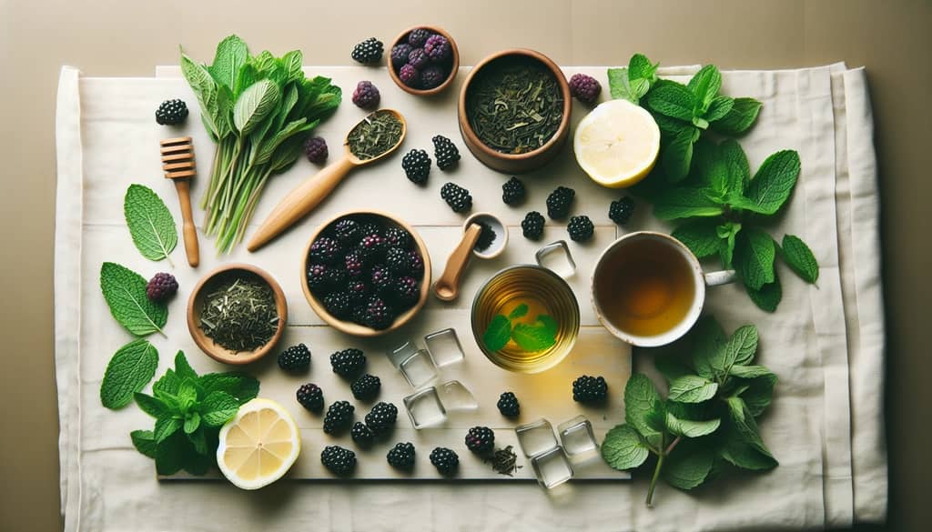 ingredients for starbucks blackberry mojito tea lemonade including green tea, lemonade, fresh blackberries, and mint