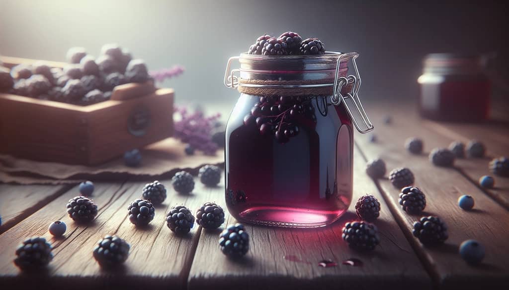 small glass jar of homemade blackberry syrup