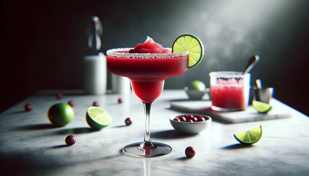 margarita de arándano mezclada en vaso de margarita con rueda de lima
