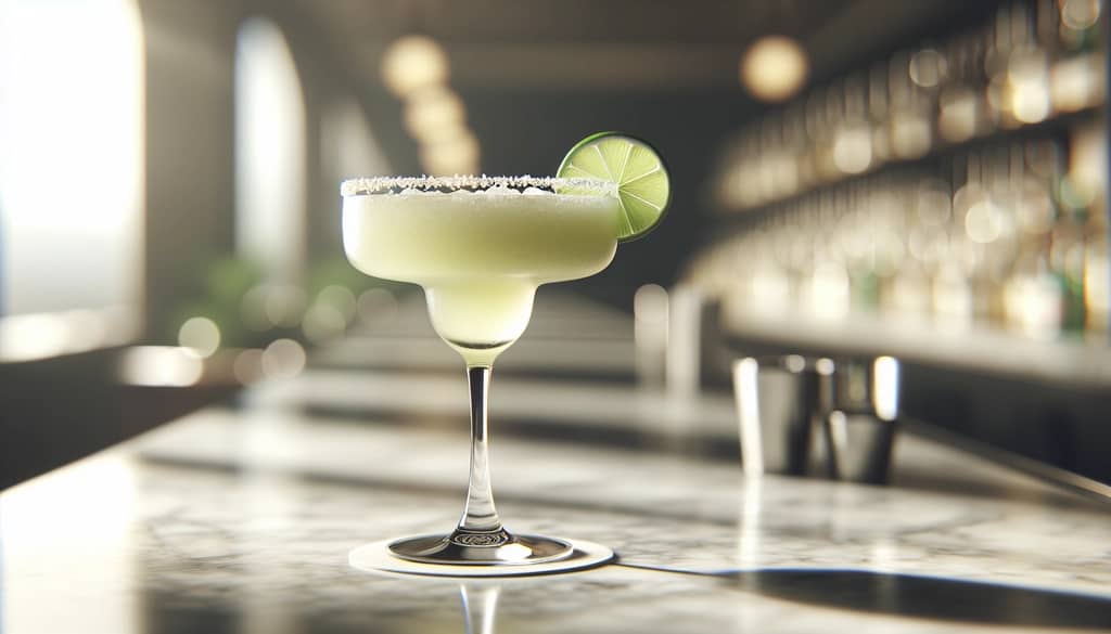 Cóctel mezclado en una copa de margarita con guarnición de cuña de lima