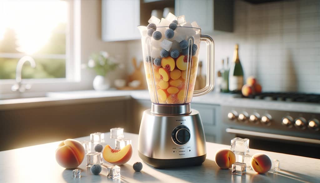 blender with frozen bellini ingredients including peach and ice
