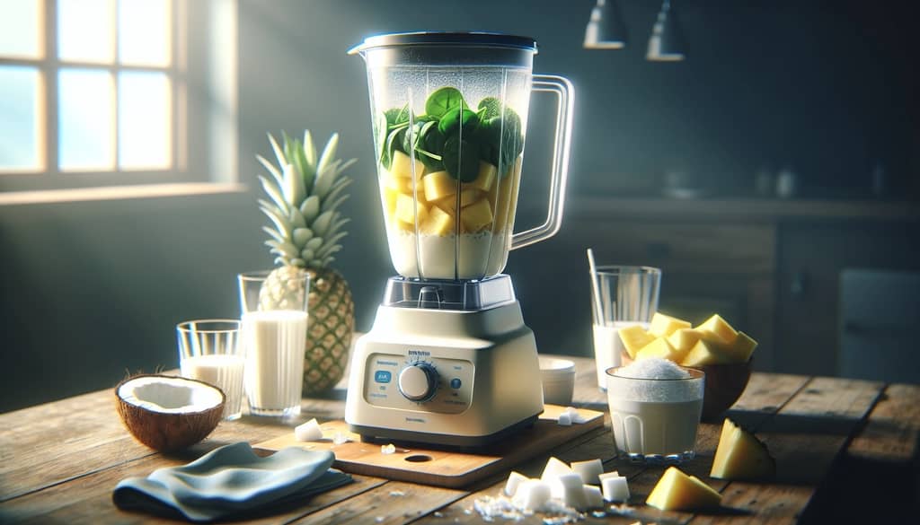 blender with fresh pineapple, coconut milk, and greens for healthy piña colada