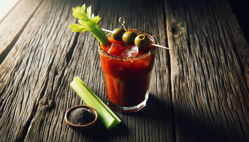 Bloody Mary cocktail with celery and pepper garnish