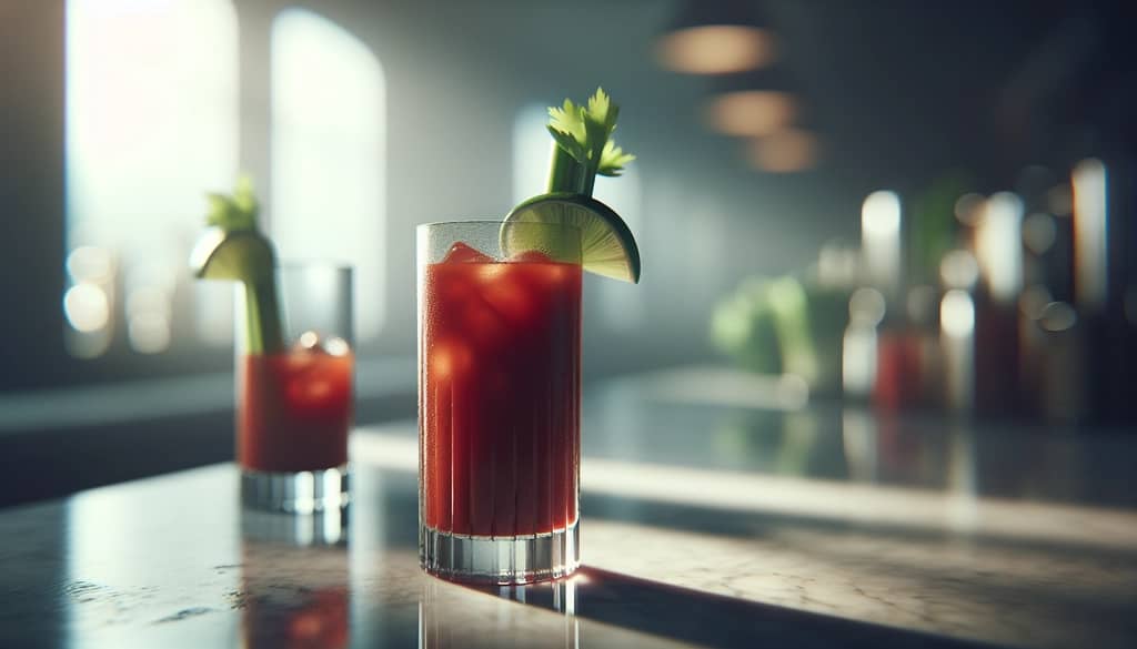 bloody mary dengan seledri dan hiasan jeruk nipis dalam gelas highball