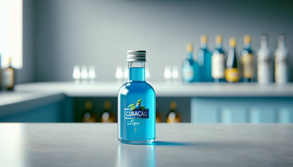 small bottle of blue curacao liqueur on a bar top