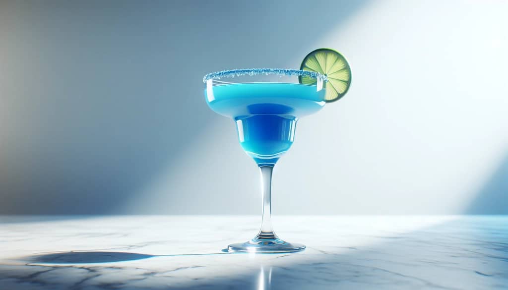 blue curacao margarita glass with lime wheel garnish