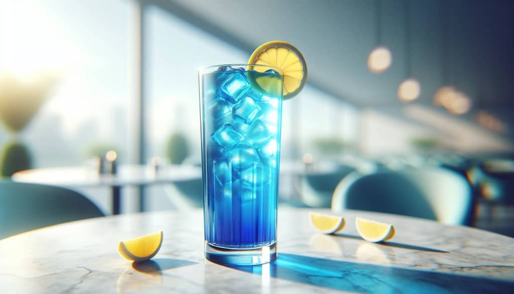 blue long island iced tea in collins glass on marble with lemon