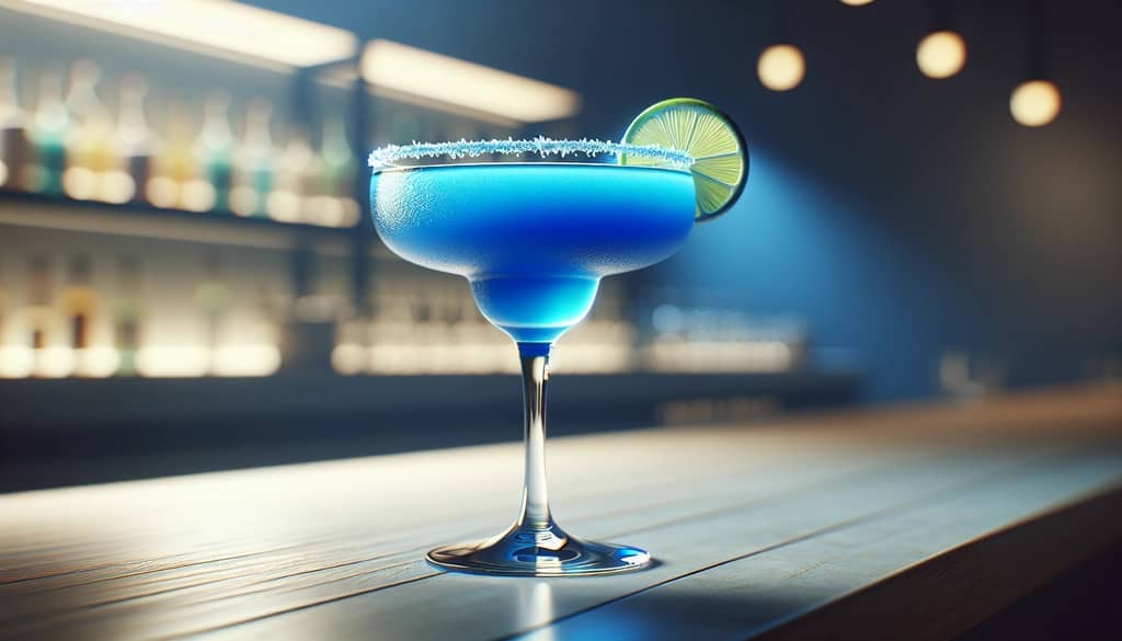 blue margarita cocktail in coupe glass with salted rim