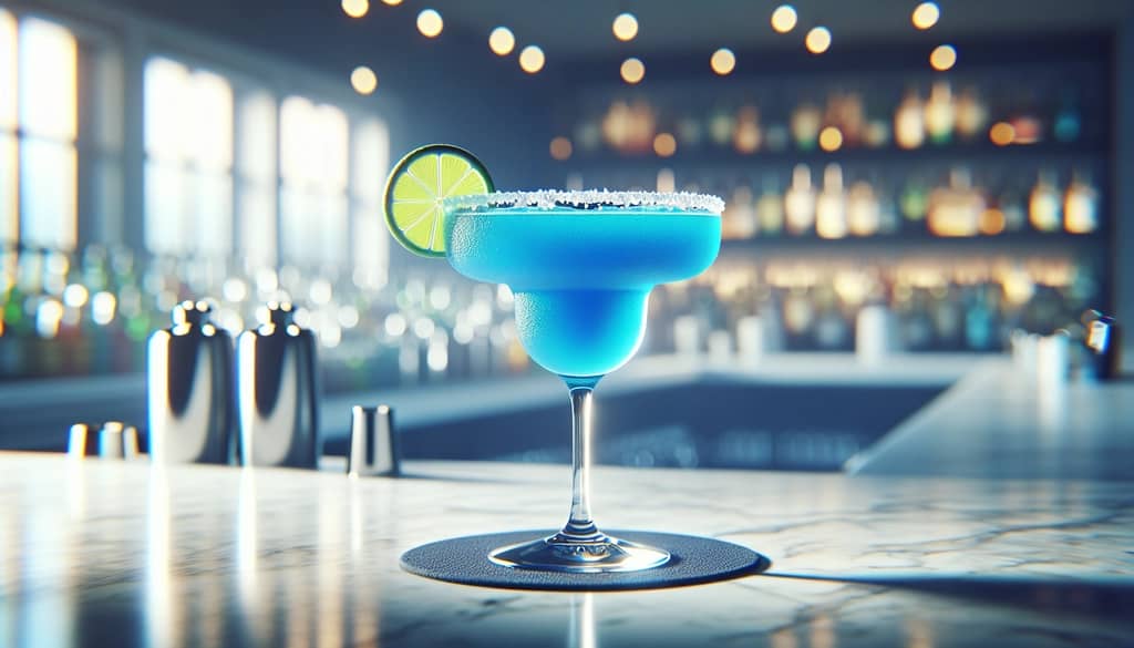 niebieska margarita w kieliszku do margarity z ozdobą z plasterka limonki
