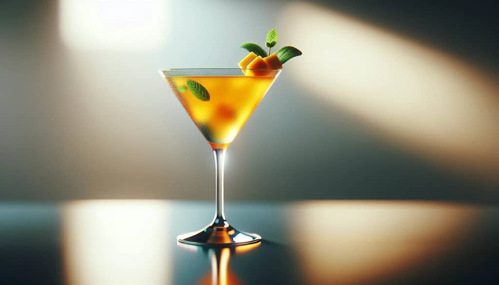 Blue Martini mango mojito variation in martini glass with mango garnish