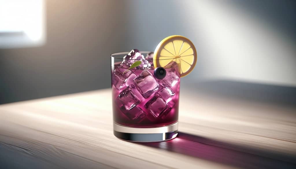 blueberry cocktail in a highball glass with lemon garnish