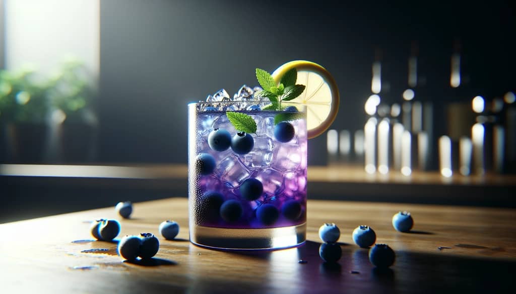 blueberries with soda and lemon in glass