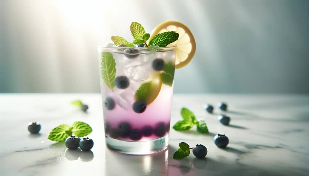 mojito à la limonade aux myrtilles dans un verre highball avec menthe et garniture de citron