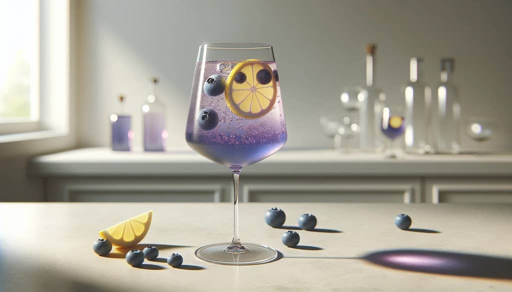 blueberry lemonade spritzer in stemmed wine glass with lemon wheel