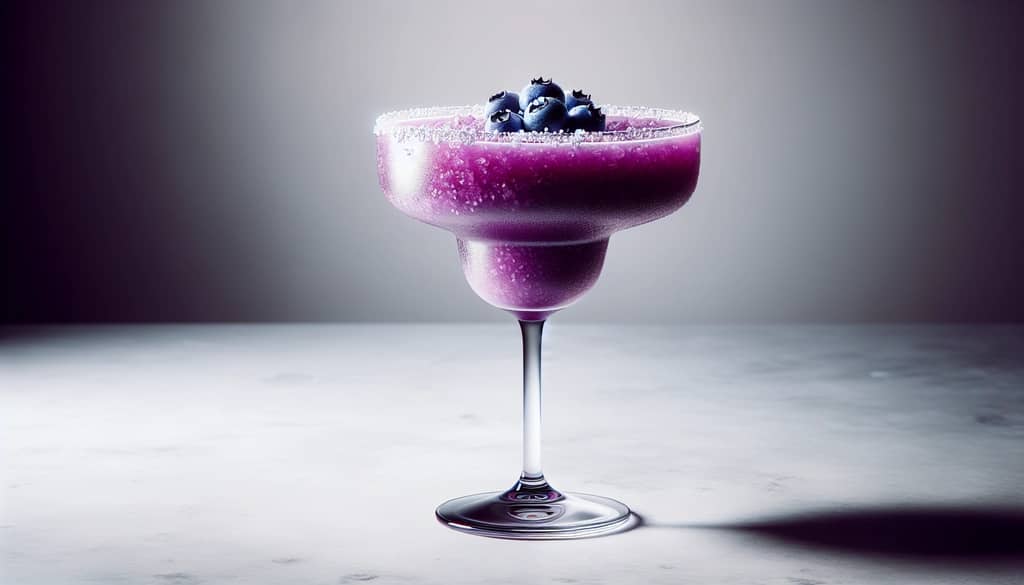 close-up of blueberry margarita showing natural purple color