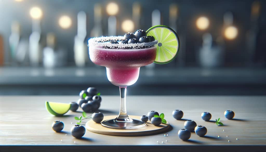 blueberry margarita prepared with lime garnish and berries