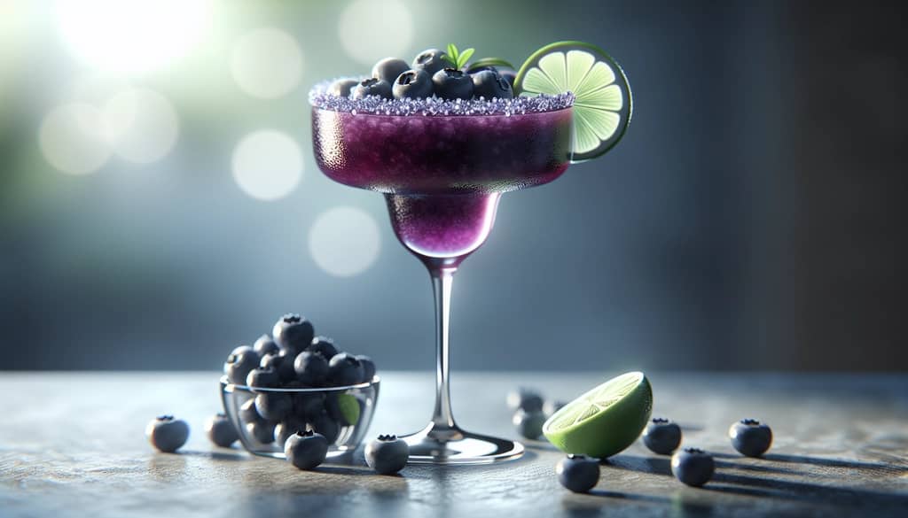 koktail margarita blueberry dalam gelas rocks dengan irisan jeruk nipis