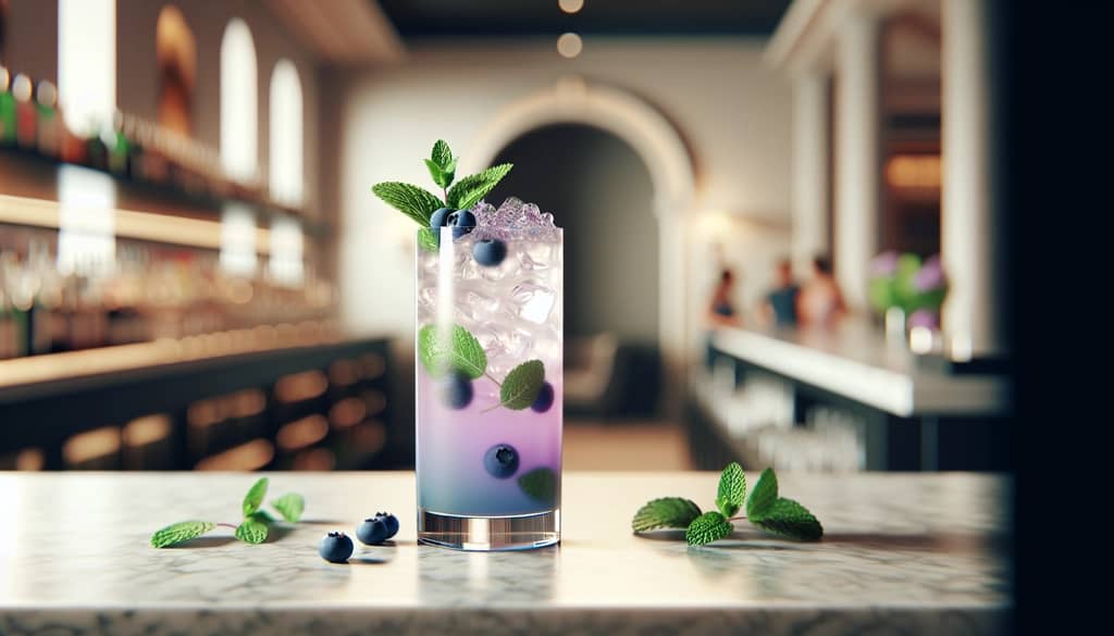 cóctel de mojito de arándanos en vaso alto con menta