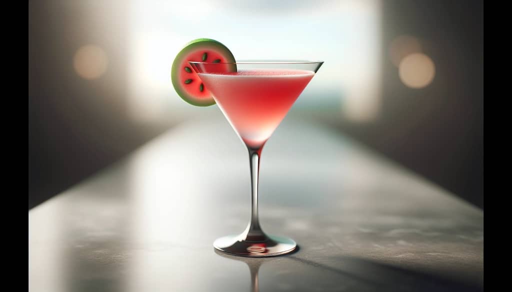 martini semangka Bonefish Grill dalam gelas koktail dingin dengan jeruk nipis