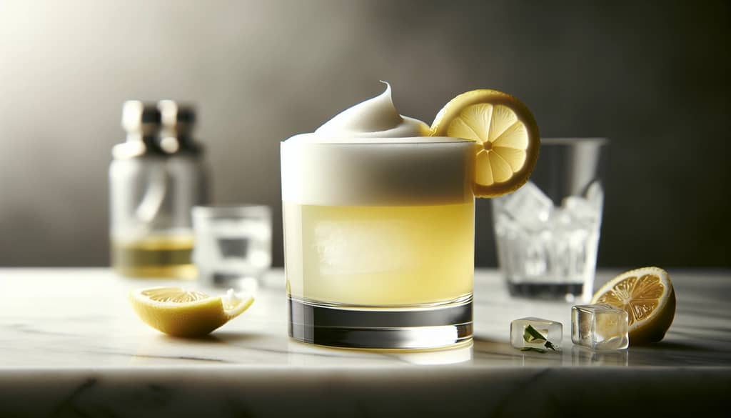 Cóctel Boston Sour con espuma de clara de huevo en vaso old fashioned