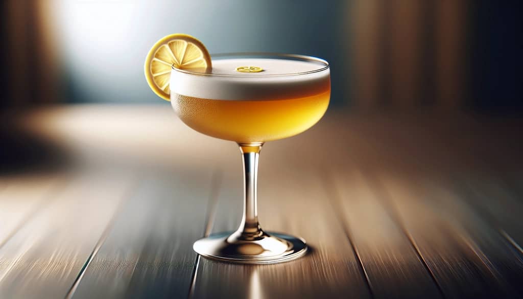 boston whiskey sour with foamy head and lemon wheel garnish