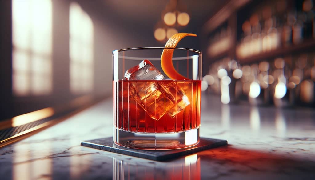 Boulevardier cocktail with orange twist in glass