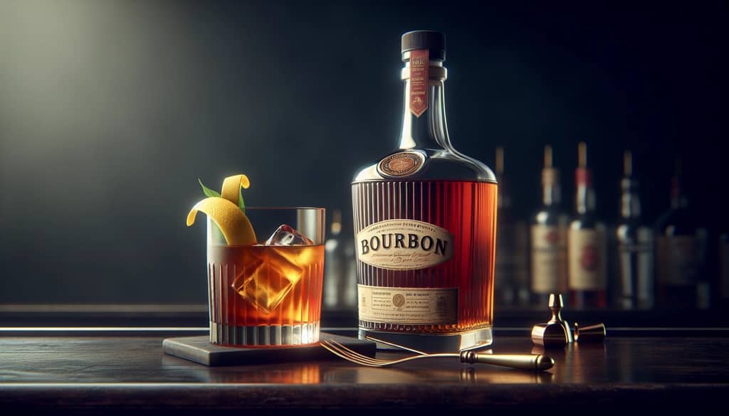 bottle of bourbon whiskey next to a Sazerac cocktail glass