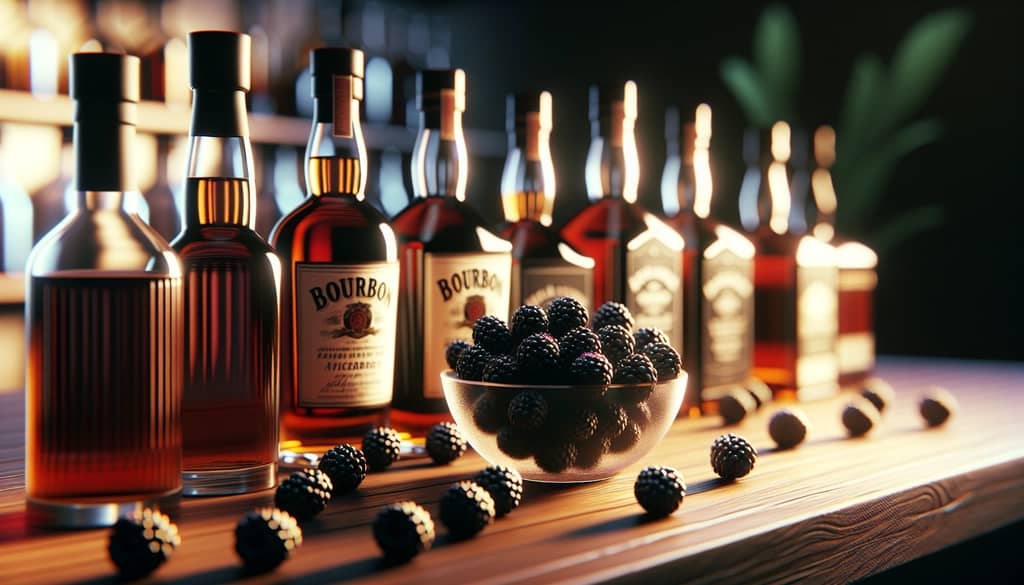 botol bourbon di bar dengan blackberry segar