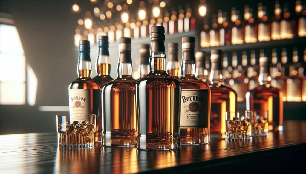 Multiple bourbon bottles on a dark wood bar