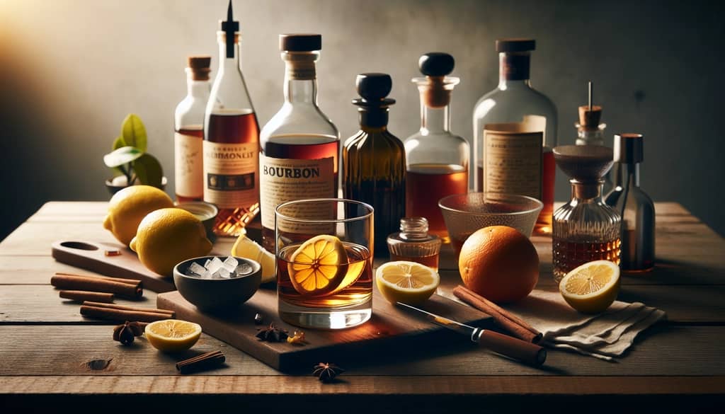 bourbon cocktail ingredients on a bar top