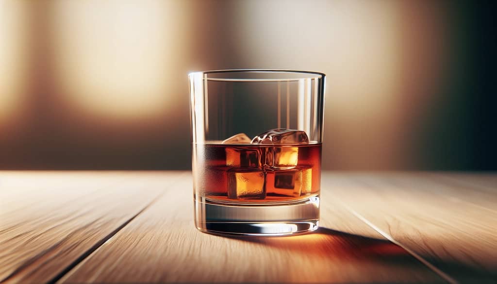 Vaso de bourbon con líquido ámbar profundo sobre barra pulida