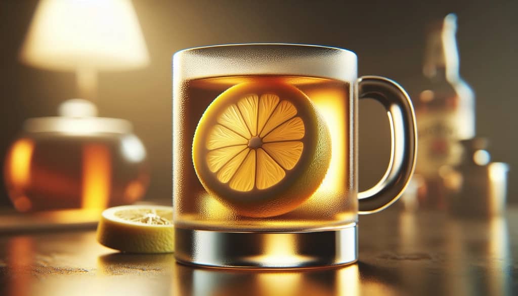 Bourbon Hot Toddy in einem Glasmug mit Zitronenscheibe