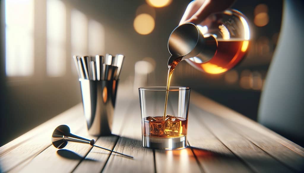 bourbon measured in jigger for cocktails