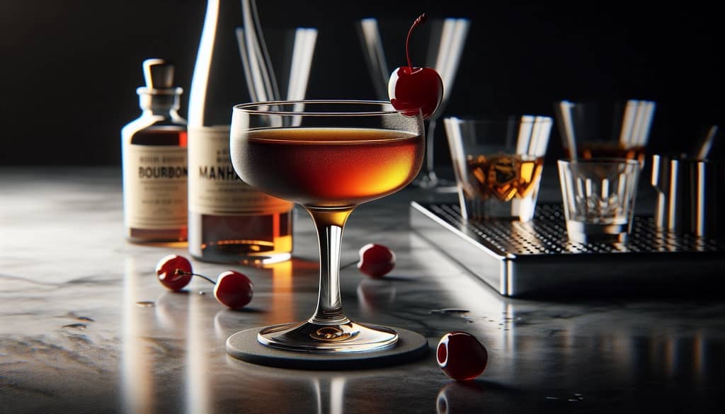 Bourbon Manhattan cocktail in coupe glass with cherry