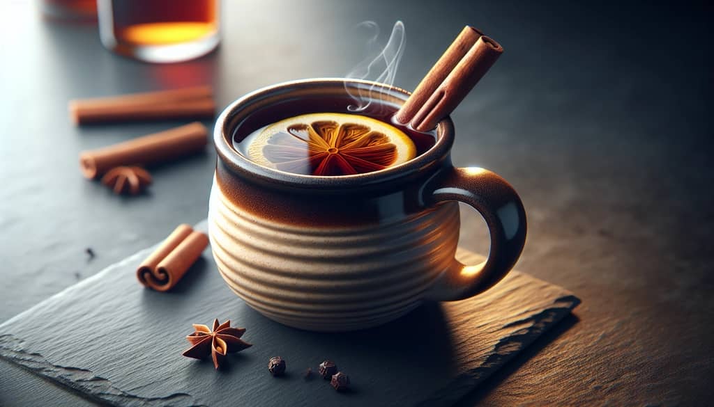 bourbon and rum hot toddy with cinnamon stick and lemon