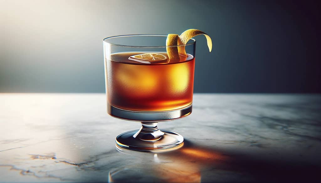 Koktail bourbon sazerac dalam gelas old fashioned dengan kulit lemon