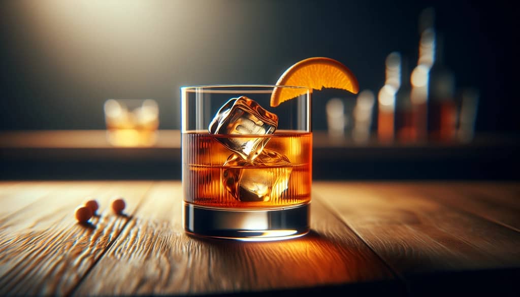 bourbon whiskey w przezroczystej szklance typu rocks z dużą kostką lodu i skrętem pomarańczy