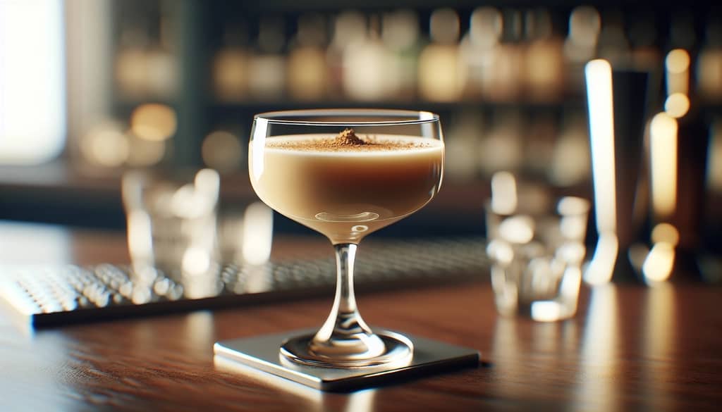 Brandy Alexander cremoso en una copa coupe con nuez moscada rallada