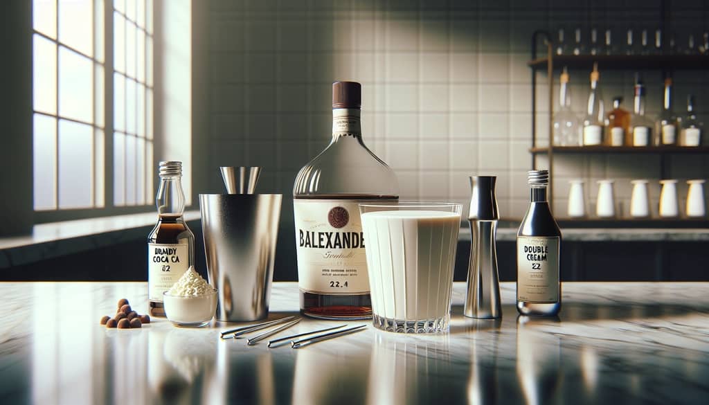 Brandy Alexander ingredients and cocktail shaker on a marble surface