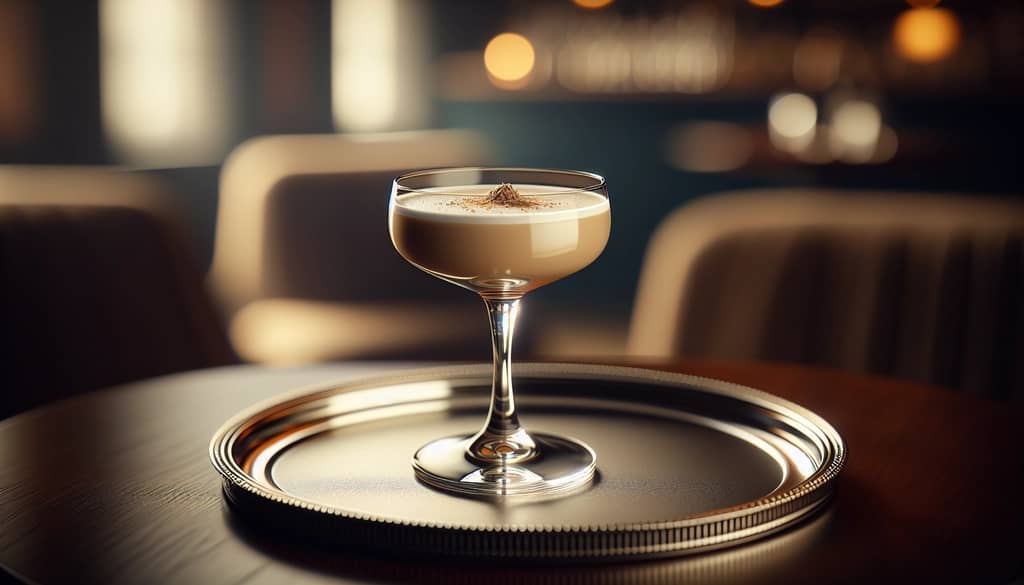 Elegant Brandy Alexander cocktail on a silver tray, classic style