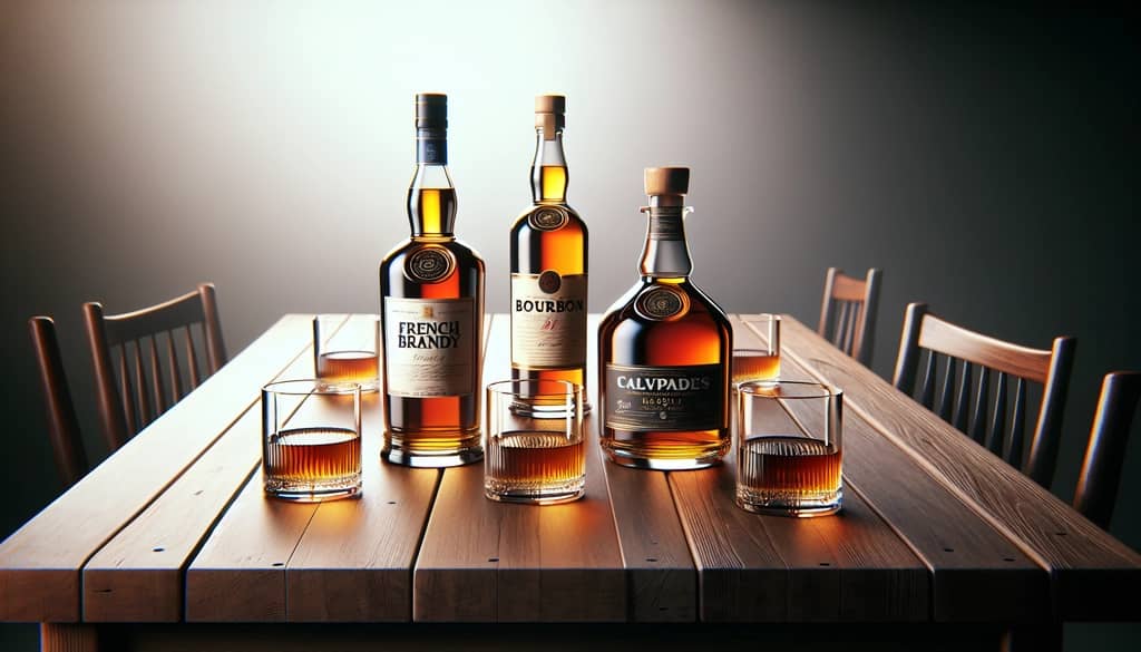 lineup of brandy, bourbon, and calvados bottles with glasses