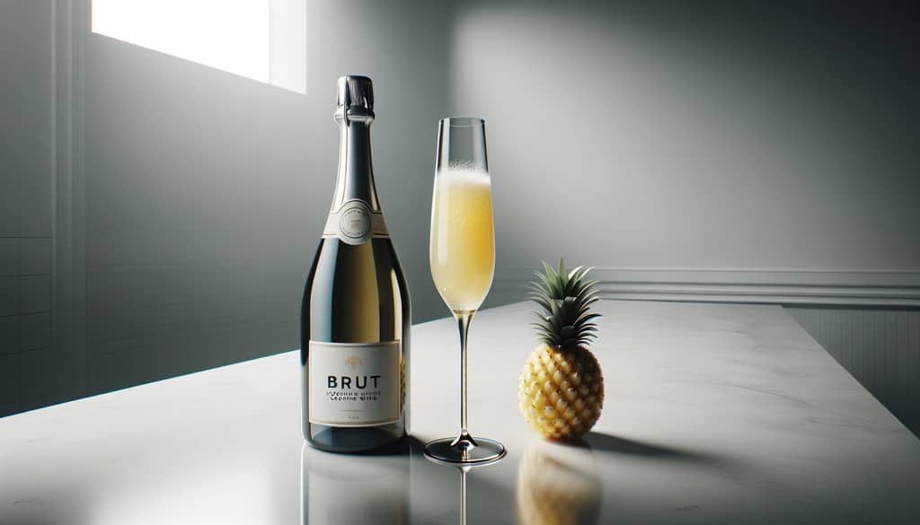 bottle of brut sparkling wine beside mimosa glass