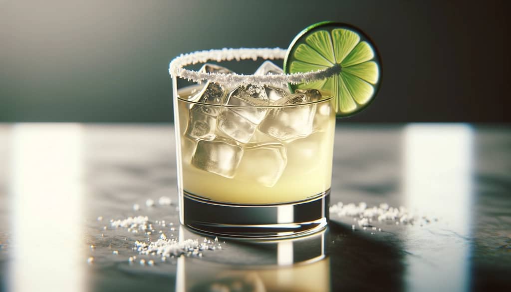 Cadillac Margarita en vaso corto con borde de sal y rodaja de lima