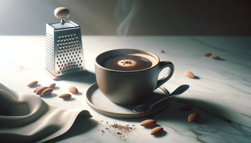 Café con Amaretto servido con cucharita y ralladura de almendra cerca