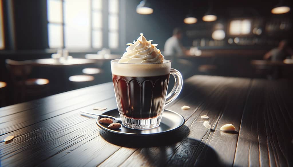café amaretto clásico en taza transparente con crema batida