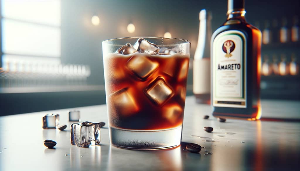 Café frío con Amaretto y hielo en vaso corto
