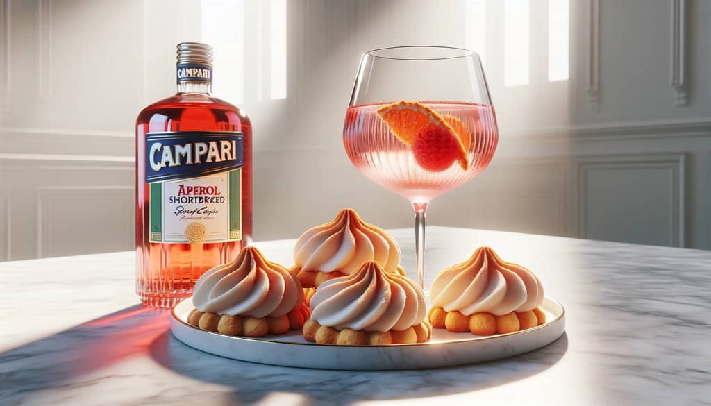 Campari Aperol shortbread spritz cookies on a plate beside a spritz glass